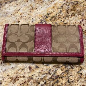Coach Signature Canvas Long Wallet with Maroon Leather Detail - Fair Condition